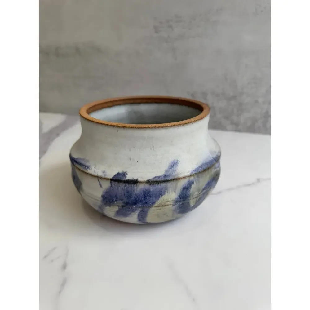 Studio Art Pottery Lidded Jar Speckled Gray & Blue Glaze Handled Ceramic Vessel